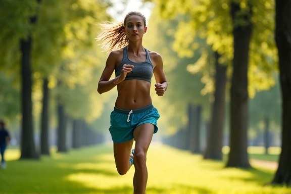 Persona joven haciendo ejercicio al aire libre, corriendo en un parque con árboles verdes y luz solar.