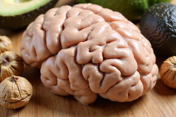 Primer plano de un cerebro humano estilizado rodeado de alimentos saludables como nueces, aguacate y pescado, simbolizando la nutrición cerebral.