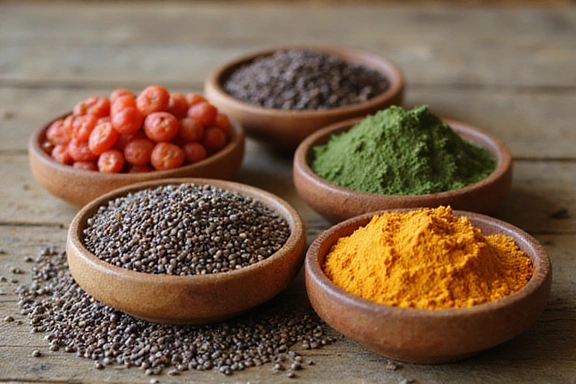 Variedad de superalimentos como bayas de goji, semillas de chía, espirulina y cúrcuma en cuencos de madera.