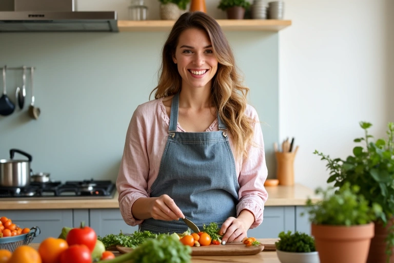 Mujer activa y feliz, cocinando alimentos saludables en una cocina moderna